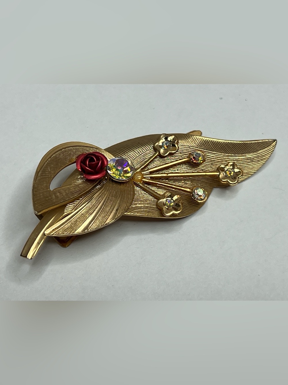 Vintage Gold Floral Leaf Hair Clip with Red Rose Accent